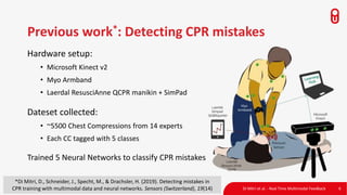 Previous work*: Detecting CPR mistakes
6
Hardware setup:
• Microsoft Kinect v2
• Myo Armband
• Laerdal ResusciAnne QCPR manikin + SimPad
Dateset collected:
• ~5500 Chest Compressions from 14 experts
• Each CC tagged with 5 classes
Trained 5 Neural Networks to classify CPR mistakes
*Di Mitri, D., Schneider, J., Specht, M., & Drachsler, H. (2019). Detecting mistakes in
CPR training with multimodal data and neural networks. Sensors (Switzerland), 19(14) Di Mitri et al. - Real Time Multimodal Feedback
 
