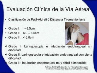 Evaluación Clínica de la Vía Aérea
• Clasificación de Patil-Aldreti ó Distancia Tiromentoniana

• Grado I: > 6.5cm
• Grado II: 6.0 – 6.5cm
• Grado III: < 6.0cm

 Grado I: Laringoscopia e intubación endotraqueal sin
  dificultad.
 Grado II: Laringoscopia e intubación endotraqueal con cierta
  dificultad.
 Grado III: Intubación endotraqueal muy difícil o imposible.
                             Patil VU, Stehling LC, Zaunder HL. Fiberoptic endoscopy in
                             anesthesia. Chicago: Year Book Medical Publishers (1985)
 