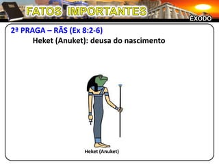 FATOS  IMPORTANTESÊXODO2ª PRAGA – RÃS (Ex 8:2-6)	Heket (Anuket): deusa do nascimentoHeket (Anuket)