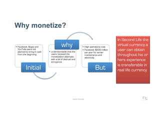 Why monetize?
                                                                                              In Second Life the
•  Facebook, Skype and                     why                    •  High operations cost
                                                                                              virtual currency a
   YouTube were not
   planned to bring in cash   •  understandable that the
                                                                  •  Facebook: $200 million   user can obtain
                                                                     per year for server
   from the beginning            users received the
                                 monetization attempts
                                                                     maintenance and          throughout his or
                                                                     electricity
                                 with a bit of distrust and
                                 annoyance
                                                                                              hers experience
                                                                                              is transferable in
          Initial                                                             But             real life currency




                                                        WWW.F5DC.COM
 