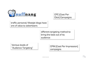 CPC (Cost Per
                                                  Click) Campaigns

traffic personal/lifestyle blogs have
are of value to advertisers

                               different targeting method to
                               bring the best out of its
                               audience


Various levels of
                                               CPM (Cost Per Impression)
“Audience Targeting”
                                               campaigns


                                WWW.F5DC.COM
 