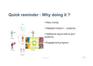Quick reminder : Why doing it ?
                      New, trendy

                      Adapted medium – audience

                      Additional way to talk to your
                    audience

                      Engagement program




                 WWW.F5DC.COM
 