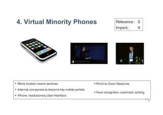4. Virtual Minority Phones                                          Relevance : 3
                                                                     Impact :    4




  More location aware services                        Pinch to Zoom Gestures
  Internet companies to become key mobile portals
                                                       Face recognition, automatic sorting
  iPhone: revolutionary User Interface
 