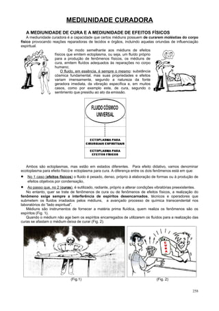 MEDIUNIDADE CURADORA
    A MEDIUNIDADE DE CURA E A MEDIUNIDADE DE EFEITOS FÍSICOS
    A mediunidade curadora é a capacidade que certos médiuns possuem de curarem moléstias do corpo
físico provocando reações reparadoras de tecidos e órgãos, incluindo aquelas oriundas de influenciação
espiritual.
                             De modo semelhante aos médiuns de efeitos
                    físicos que emitem ectoplasma, ou seja, um fluído próprio
                    para a produção de fenômenos físicos, os médiuns de
                    cura, emitem fluídos adequados às reparações no corpo
                    humano;
                        O fluido, em essência, é sempre o mesmo: substância
                    cósmica fundamental, mas suas propriedades e efeitos
                    variam imensamente, segundo a natureza da fonte
                    geradora imediata, da vibração específica e, em muitos
                    casos, como por exemplo este, de cura, segundo o
                    sentimento que presidiu ao ato da emissão.




   Ambos são ectoplasmas, mas estão em estados diferentes. Para efeito didativo, vamos denominar
ecotoplasma para efeito físico e ectoplasma para cura. A diferença entre os dois fenômenos está em que:
•   No 1 caso (efeitos físicos) o fluido é pesado, denso, próprio à elaboração de formas ou à produção de
    efeitos objetivos por condensação,
•   Ao passo que, no 2 (curas), é sutilizado, radiante, próprio a alterar condições vibratórias preexistentes.
   No entanto, quer se trate de fenômenos de cura ou de fenômenos de efeitos físicos, a realização do
fenômeno exige sempre a interferência de espíritos desencarnados, técnicos e operadores que
submetem os fluidos irradiados pelos médiuns, a avançado processo de química transcendental nos
laboratórios do “lado espiritual”.
   Médiuns são instrumentos de fornecer a matéria prima fluídica, quem realiza os fenômenos são os
espíritos (Fig. 1).
   Quando o médium não age bem os espíritos encarregados de utilizarem os fluídos para a realização das
curas se afastam o médium deixa de curar (Fig. 2).




                              (Fig.1)                                               (Fig. 2)


                                                                                                          258
 
