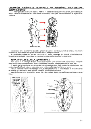 OPERAÇÕES CIRÚRGICAS                     PRATICADAS           NO     PERISPÍRITO         PROCESSADAS
DURANTE O SONO
         Tais operações só atingem a causa mórbida no tecido etérico do perispírito; porém, depois de algum
tempo, começam a desaparecer o seus efeitos mórbidos na carne, pelo mesmo fenômeno de repercussão
vibratória.




   Neste caso, como os enfermos operados ignoram o que lhes aconteceu durante o sono ou mesmo em
momento de vigília e repouso, opõem dúvidas quanto a essa possibilidade.
   A transferência reflexa das reações produzidas por essas operações processa-se muito lentamente,
levando semanas ou até meses, para se manifestarem seus efeitos benéficos no organismo.

   TODA A CURA SE DÁ PELA AÇÃO FLUÍDICA
    Toda a cura se dá pela ação fluídica, visto que os espíritos agem através dos fluidos e tanto o perispírito
como o corpo físico são de natureza fluídica (embora em diferentes estados) e há relação entre eles.
    O agente da cura pode ser um encarnado ou um desencarnado. Nela podem ser utilizados ou não
passes, água fluidificada e outros processos, como a intervenção no perispírito ou no corpo.
    Na cura realizada diretamente no corpo físico, a alteração orgânica no corpo físico é de imediato visível
ou passível de constatação pelos sentidos físicos ou aparelhamento material.
    Na ação fluídica sobre o perispírito, a cura virá a ser avaliada depois, pelos efeitos posteriores no corpo
físico.

     OS FLUIDOS
    PENETRAM E
      CIRCULAM
    ATRAVÉS DOS
    CENTROS DE
       FORÇAS




                                                                                                           262
 