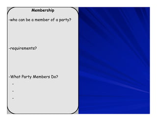 Membership

-who can be a member of a party?




-requirements?




-What Party Members Do?
 -
 -
 -
 