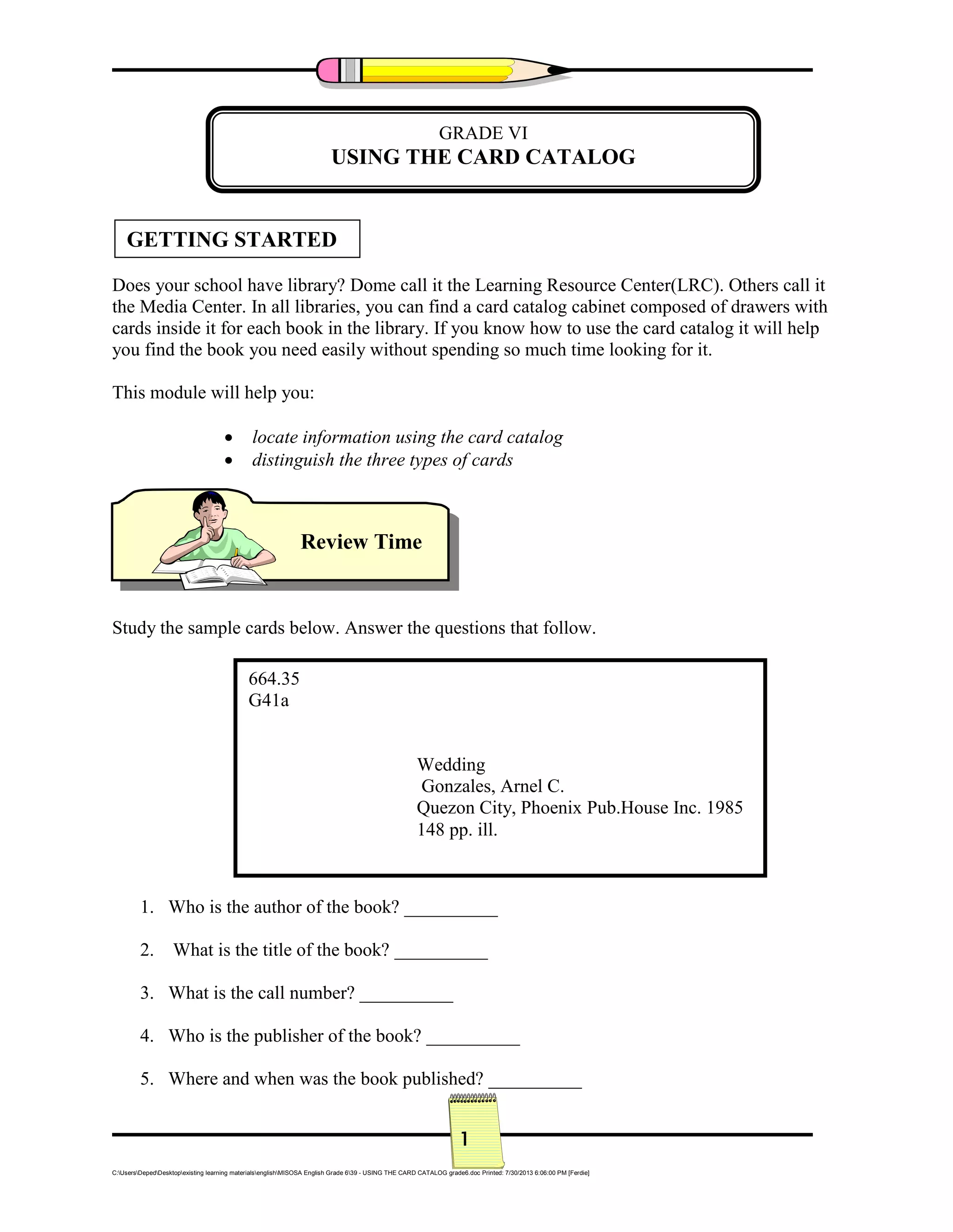 Card Catalog for Grade VI & V sss PDF
