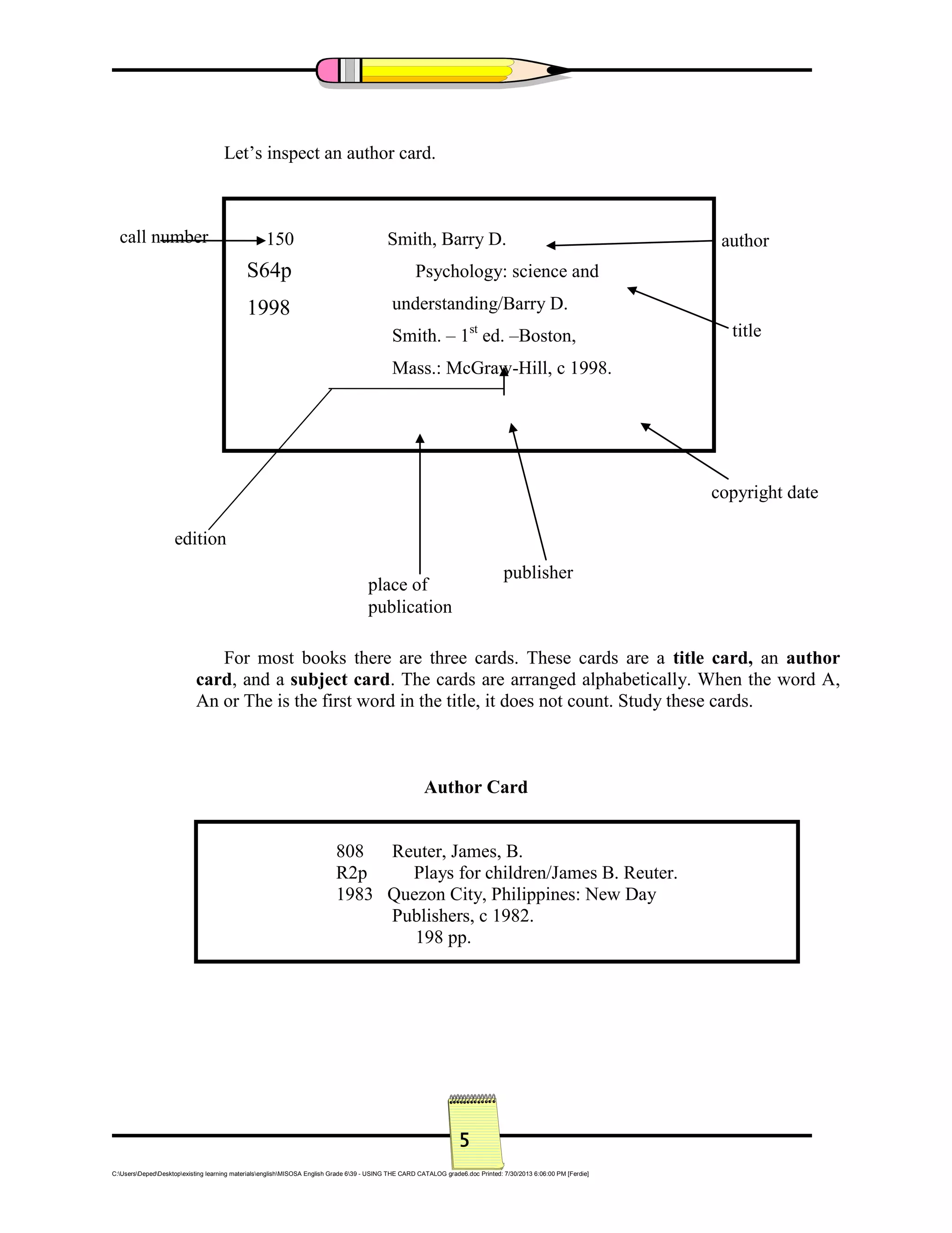 Card Catalog for Grade VI & V sss PDF