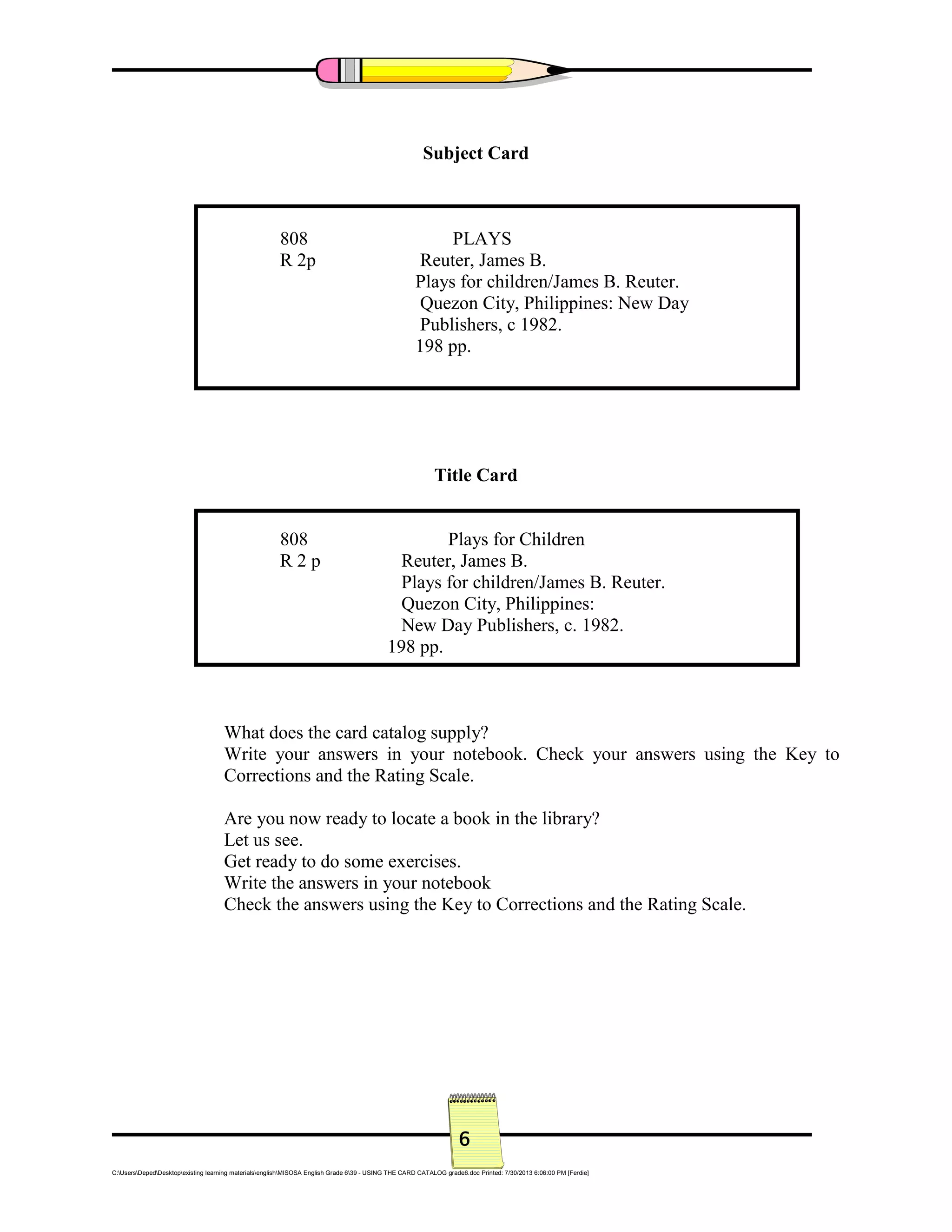 Card Catalog for Grade VI & V sss PDF