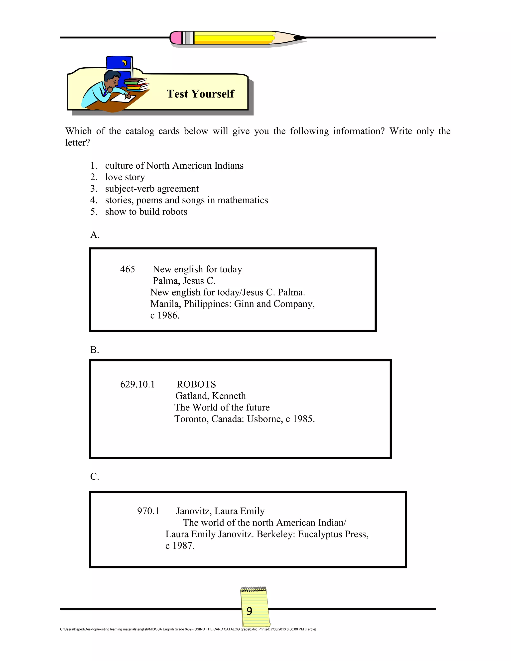 Card Catalog for Grade VI & V sss PDF