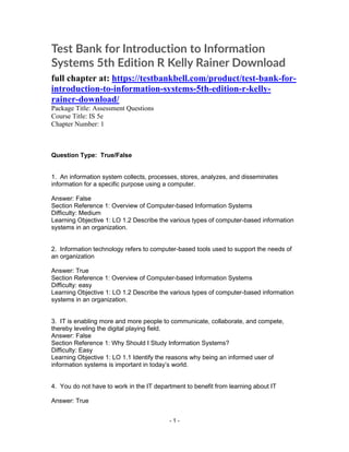 Test Bank for Introduction to Information Systems 5th Edition R Kelly ...