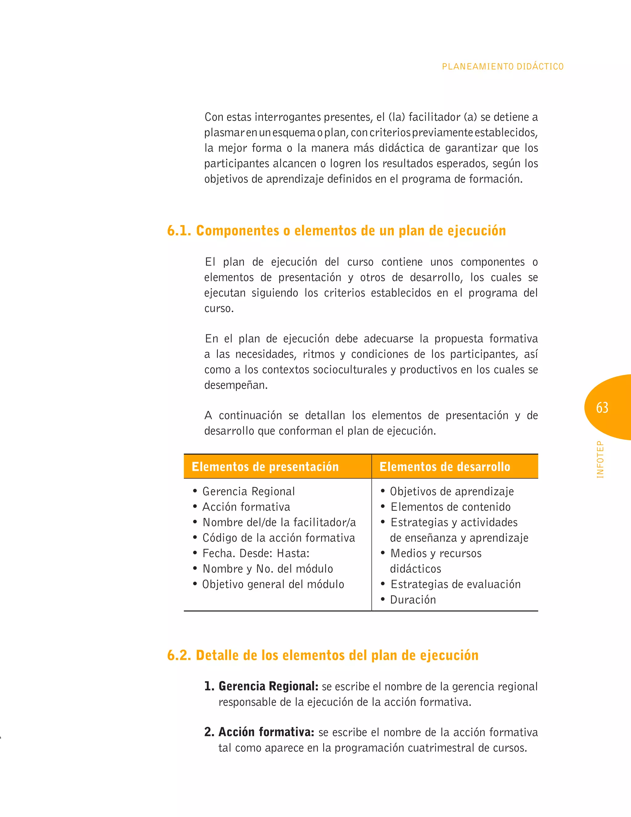 63
INFOTEP
PLANEAMIENTO DIDÁCTICO
Con estas interrogantes presentes, el (la) facilitador (a) se detiene a
plasmarenunesquemaoplan,concriteriospreviamenteestablecidos,
la mejor forma o la manera más didáctica de garantizar que los
participantes alcancen o logren los resultados esperados, según los
objetivos de aprendizaje definidos en el programa de formación.
6.1. Componentes o elementos de un plan de ejecución
El plan de ejecución del curso contiene unos componentes o
elementos de presentación y otros de desarrollo, los cuales se
ejecutan siguiendo los criterios establecidos en el programa del
curso.
En el plan de ejecución debe adecuarse la propuesta formativa
a las necesidades, ritmos y condiciones de los participantes, así
como a los contextos socioculturales y productivos en los cuales se
desempeñan.
A continuación se detallan los elementos de presentación y de
desarrollo que conforman el plan de ejecución.
Elementos de presentación Elementos de desarrollo
• Gerencia Regional
• Acción formativa
• Nombre del/de la facilitador/a
• Código de la acción formativa
• Fecha. Desde: Hasta:
• Nombre y No. del módulo
• Objetivo general del módulo
• Objetivos de aprendizaje
• Elementos de contenido
• Estrategias y actividades
de enseñanza y aprendizaje
• Medios y recursos
didácticos
• Estrategias de evaluación
• Duración
6.2. Detalle de los elementos del plan de ejecución
1. gerencia Regional: se escribe el nombre de la gerencia regional
responsable de la ejecución de la acción formativa.
2. Acción formativa: se escribe el nombre de la acción formativa
tal como aparece en la programación cuatrimestral de cursos.
 