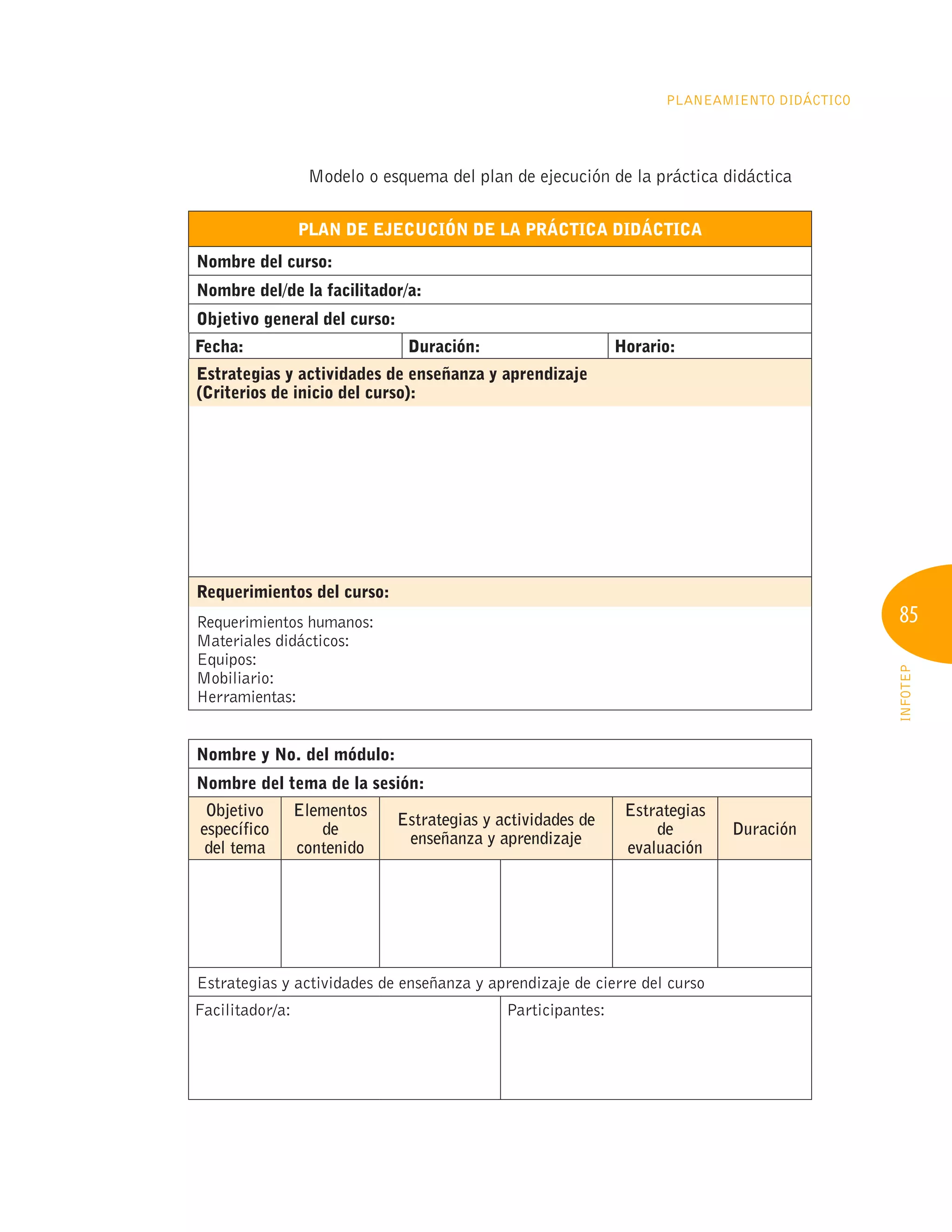 85
INFOTEP
Planeamiento Didáctico
Modelo o esquema del plan de ejecución de la práctica didáctica
Plan de Ejecución de la Práctica Didáctica
Nombre del curso:
Nombre del/de la facilitador/a:
Objetivo general del curso:
Fecha: Duración: Horario:
Estrategias y actividades de enseñanza y aprendizaje
(Criterios de inicio del curso):
Requerimientos del curso:
Requerimientos humanos:
Materiales didácticos:
Equipos:
Mobiliario:
Herramientas:
Nombre y No. del módulo:
Nombre del tema de la sesión:
Objetivo
específico
del tema
Elementos
de
contenido
Estrategias y actividades de
enseñanza y aprendizaje
Estrategias
de
evaluación
Duración
Estrategias y actividades de enseñanza y aprendizaje de cierre del curso
Facilitador/a: Participantes:
 