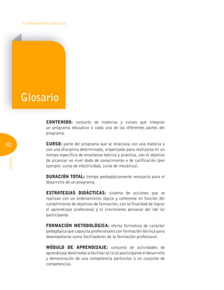 102
PLANEAMIENTO DIDÁCTICO
INFOTEP
CONTENIDO: conjunto de materias y cursos que integran
un programa educativo o cada una de las diferentes partes del
programa.
CURSO: parte del programa que se relaciona con una materia o
con una disciplina determinada, organizada para realizarse en un
tiempo específico de enseñanza teórica y práctica, con el objetivo
de alcanzar un nivel dado de conocimiento o de calificación (por
ejemplo: curso de electricidad, curso de mecánica).
DURACIÓN TOTAL: tiempo pedagógicamente necesario para el
desarrollo de un programa.
ESTRATEgIAS DIDÁCTICAS: sistema de acciones que se
realizan con un ordenamiento lógico y coherente en función del
cumplimiento de objetivos de formación, con la finalidad de lograr
el aprendizaje profesional y el crecimiento personal del (de la)
participante.
FORMACIÓN METODOLÓgICA: oferta formativa de carácter
pedagógica que capacita profesionales con formación técnica para
desempeñarse como facilitadores de la formación profesional.
MÓDULO DE APRENDIZAJE: conjunto de actividades de
aprendizaje destinadas a facilitar al (a la) participante el desarrollo
y demostración de una competencia particular o un conjunto de
competencias.
Glosario
 