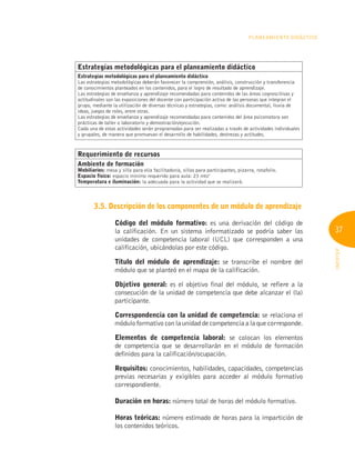 37
INFOTEP
Planeamiento Didáctico
3.5. 
Descripción de los componentes de un módulo de aprendizaje
Código del módulo formativo: es una derivación del código de
la calificación. En un sistema informatizado se podría saber las
unidades de competencia laboral (UCL) que corresponden a una
calificación, ubicándolas por este código.
Título del módulo de aprendizaje: se transcribe el nombre del
módulo que se planteó en el mapa de la calificación.
Objetivo general: es el objetivo final del módulo, se refiere a la
consecución de la unidad de competencia que debe alcanzar el (la)
participante.
Correspondencia con la unidad de competencia: se relaciona el
módulo formativo con la unidad de competencia a la que corresponde.
Elementos de competencia laboral: se colocan los elementos
de competencia que se desarrollarán en el módulo de formación
definidos para la calificación/ocupación.
Requisitos: conocimientos, habilidades, capacidades, competencias
previas necesarias y exigibles para acceder al módulo formativo
correspondiente.
Duración en horas: número total de horas del módulo formativo.
Horas teóricas: número estimado de horas para la impartición de
los contenidos teóricos.
Estrategias metodológicas para el planeamiento didáctico
Estrategias metodológicas para el planeamiento didáctico
Las estrategias metodológicas deberán favorecer la comprensión, análisis, construcción y transferencia
de conocimientos planteados en los contenidos, para el logro de resultado de aprendizaje.
Las estrategias de enseñanza y aprendizaje recomendadas para contenidos de las áreas cognoscitivas y
actitudinales son las exposiciones del docente con participación activa de las personas que integran el
grupo, mediante la utilización de diversas técnicas y estrategias, como: análisis documental, lluvia de
ideas, juegos de roles, entre otras.
Las estrategias de enseñanza y aprendizaje recomendadas para contenidos del área psicomotora son
prácticas de taller o laboratorio y demostración/ejecución.
Cada una de estas actividades serán programadas para ser realizadas a través de actividades individuales
y grupales, de manera que promuevan el desarrollo de habilidades, destrezas y actitudes.
Requerimiento de recursos
Ambiente de formación
Mobiliarios: mesa y silla para el/a facilitador/a, sillas para participantes, pizarra, rotafolio.
Espacio físico: espacio mínimo requerido para aula: 23 mts2
Temperatura e iluminación: la adecuada para la actividad que se realizará.
 