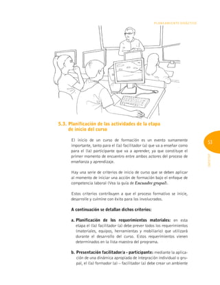53
INFOTEP
Planeamiento Didáctico
5.3. 
Planificación de las actividades de la etapa
de inicio del curso
El inicio de un curso de formación es un evento sumamente
importante, tanto para el (la) facilitador (a) que va a enseñar como
para el (la) participante que va a aprender, ya que constituye el
primer momento de encuentro entre ambos actores del proceso de
enseñanza y aprendizaje.
Hay una serie de criterios de inicio de curso que se deben aplicar
al momento de iniciar una acción de formación bajo el enfoque de
competencia laboral (Vea la guía de Encuadre grupal).
Estos criterios contribuyen a que el proceso formativo se inicie,
desarrolle y culmine con éxito para los involucrados.
A continuación se detallan dichos criterios:
a. 
Planificación de los requerimientos materiales: en esta
etapa el (la) facilitador (a) debe prever todos los requerimientos
(materiales, equipos, herramientas y mobiliario) que utilizará
durante el desarrollo del curso. Estos requerimientos vienen
determinados en la lista maestra del programa.
b. 
Presentación facilitador/a - participante: mediante la aplica-
ción de una dinámica apropiada de integración individual o gru-
pal, el (la) formador (a) – facilitador (a) debe crear un ambiente
 