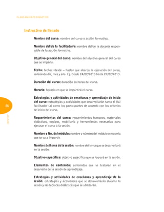 86
Planeamiento Didáctico
INFOTEP
Instructivo de llenado
Nombre del curso: nombre del curso o acción formativa.
Nombre del/de la facilitador/a: nombre del/de la docente respon-
sable de la acción formativa.
Objetivo general del curso: nombre del objetivo general del curso
que se imparte.
Fecha: fechas (desde – hasta) que abarca la ejecución del curso,
señalando día, mes y año. Ej. Desde 24/02/2013 hasta 27/02/2013.
Duración del curso: duración en horas del curso.
Horario: horario en que se impartirá el curso.
Estrategias y actividades de enseñanza y aprendizaje de inicio
del curso: estrategias y actividades que desarrollarán tanto el (la)
facilitador (a) como los participantes de acuerdo con los criterios
de inicio del curso.
Requerimientos del curso: requerimientos humanos, materiales
didácticos, equipos, mobiliario y herramientas necesarias para
ejecutar el curso o la sesión.
Nombre y No. del módulo: nombre y número del módulo o materia
que se va a impartir.
Nombre del tema de la sesión: nombre del tema que se desarrollará
en la sesión.
Objetivo específico: objetivo específico que se logrará en la sesión.
Elementos de contenido: contenidos que se tratarán en el
desarrollo de la sesión de aprendizaje.
Estrategias y actividades de enseñanza y aprendizaje de la
sesión: estrategias y actividades que se desarrollarán durante la
sesión y las técnicas didácticas que se utilizarán.
 