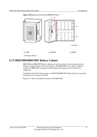 3900 Series Base Station Product Description 2 Architecture 
Issue V1.4 (2011-09-09) Huawei Proprietary and Confidential 
Copyright © Huawei Technologies Co., Ltd. 
27 
Figure 2-20 Internal structure of the IBBS200T (Ver.C) 
(1) TEC (2) CMUE (3) PDB 
(4) Storage battery - - 
2.7.5 IBBS700D/IBBS700T Battery Cabinet 
IBBS700D and IBBS700T battery cabinets are used in scenarios where long-term power 
backup is required. They can be used outdoors. The IBBS700D uses a direct ventilation 
system. The IBBS700T can operate at high temperatures because it has a built-in air 
conditioner. 
Configured with built-in battery groups, one BBS700D/IBBS700T cabinet provides a maximum 
backup DC power capacity of 700 Ah. 
Figure 2-21 shows the internal structure of the IBBS700D. 
 