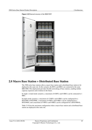 3900 Series Base Station Product Description 2 Architecture 
Issue V1.4 (2011-09-09) Huawei Proprietary and Confidential 
Copyright © Huawei Technologies Co., Ltd. 
29 
Figure 2-22 Internal structure of the IBBS700T 
2.8 Macro Base Station + Distributed Base Station 
The 3900 series base stations allow a macro base station and a distributed base station to be 
deployed at the same site. In this scenario, the RFUs and RRUs are connected to the same 
BBU3900. This deployment provides flexible networking of base stations, enabling further 
capacity expansion and evolution in the future. 
In single- or dual-mode scenarios, a maximum of 6 RFUs and 6 RRUs can be connected to 1 
BBU. 
In triple-mode scenarios, a maximum of 12 RFUs and 6 RRUs can be configured for a 
BTS3900 or BTS3900L, a maximum of 6 RFUs and 6 RRUs can be configured for a 
BTS3900A, and a maximum of 9 RFUs and 9 RRUs can be configured for a BTS3900AL. 
Table 2-10 lists the maximum configuration when a macro base station and a distributed base 
station are deployed at the same site. 
 
