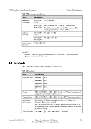 3900 Series Base Station Product Description 4 Technical Specifications 
Issue V1.4 (2011-09-09) Huawei Proprietary and Confidential 
Copyright © Huawei Technologies Co., Ltd. 
36 
Table 4-3 Environment specifications 
Item Specification 
Operating 
temperature 
BTS3900/BT 
S3900L 
–20°C to +55°C 
BTS3900A/ 
BTS3900AL 
–40°C to +50°C and 1120 W/M2 solar radiation 
An AC heater assembly unit (HAU) is required if the 
operating temperature is below –20°C. 
Relative 
humidity 
BTS3900/BT 
S3900L 
5% RH to 95% RH 
BTS3900A/ 
BTS3900AL 
5% RH to 100% RH 
Atmospheric 
pressure 
70 kPa to 106 kPa 
In Table 4-3, short term means continuous operation for not more than 72 hours or accumulated 
operation of no more than 15 days a year. 
4.4 Standards 
Table 4-4 lists the standards for the different base station types. 
Table 4-4 Standards 
Item Specification 
Protection rating BTS3900 IP20 
BTS3900A IP55 
BTS3900L IP20 
BTS3900A 
L 
IP55 
Storage ETSI EN300019-1-1 V2.1.4 (2003-04) class1.2 Weatherprotected, not 
temperature-controlled storage locations 
Transportation ETSI EN300019-1-2 V2.1.4 (2003-04) class 2.3 Public transportation 
Anti-seismic 
performance 
IEC 60068-2-57: Environmental testing -Part 2-57: Tests -Test Ff: 
Vibration -Time-history method 
YD5083: Interim Provisions for Test of Anti-seismic Performances of 
Telecommunications Equipment (telecom industry standard in People's 
Republic of China) 
Anti-earthquake DBS3900 ETSI EN 300019-1-4: Earthquake 
 