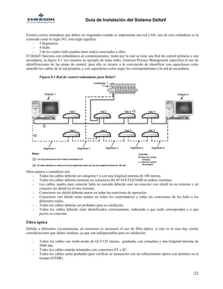 Guía de Instalación del Sistema DeltaV 
Existen ciertos estándares que deben ser respetados cuando se implementa una red LAN, uno de esos estándares es la conocida como la regla 543; ésta regla significa: 
- 5 Segmentos 
- 4 Hubs 
- 3 de los cuatro hubs pueden tener nodos conectados a ellos. 
El DeltaV funciona con redundancia en comunicaciones, razón por la cual se tiene una Red de control primaria y una secundaria, la figura 8.1 nos muestra un ejemplo de éstas redes, Emerson Process Management especifica el uso de identificaciones de las pistas de control, para ello se recurre a la convención de identificar con capuchones color amarillo los cables de la red primaria, y con capuchones color negro los correspondientes a la red de secundaria. 
Figura 8.1 Red de control redundante para DeltaV. 
Otros puntos a considerar son: 
- Todos los cables deberán ser categoría 5 y con una longitud máxima de 100 metros. 
- Todos los cables deberán terminar en conectores RJ-45 EIA/TIA/568B en ambos extremos. 
- Los cables usados para conectar hubs en cascada deberán usar un conector con shield en un extremo y un conector sin shield en el otro extremo. 
- Conectores sin shield deberán usarse en todas las estaciones de operación. 
- Conectores con shield serán usados en todos los controladores y todas las conexiones de los hubs a los diferentes nodos. 
- Todos los cables deberán ser probados para su validación. 
- Todos los cables deberán estar identificados correctamente, indicando a que nodo corresponden y a que puerto se conectan. 
Fibra óptica 
Debido a diferentes circunstancias, en ocasiones es necesario el uso de fibra óptica, si éste es el caso hay ciertas consideraciones que deben cuidarse, ya que son indispensables para su validación: 
- Todos los cables son multi-modo de 62.5/125 micras, graduada, con armadura y una longitud máxima de 2000 mts. 
- Todos los cables estarán rematados con conectores ST o SC. 
- Todos los cables serán probados para verificar su atenuación con un reflectómetro óptico con dominio en el tiempo (OTDR) 
23 
 