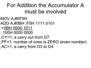 For Addition the Accumulator A
         must be involved
MOV A,#0F5H
ADD A,#0BH ;F5H 1111 0101
;+0BH 0000 1011
; 100H 0000 0000
;CY=1, a carry out from D7
;PF=1, number of ones is ZERO (even number)
;AC=1, a carry from D3 to D4.
 