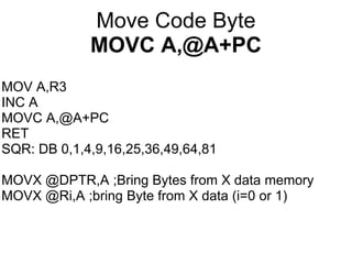 Move Code Byte
             MOVC A,@A+PC
MOV A,R3
INC A
MOVC A,@A+PC
RET
SQR: DB 0,1,4,9,16,25,36,49,64,81

MOVX @DPTR,A ;Bring Bytes from X data memory
MOVX @Ri,A ;bring Byte from X data (i=0 or 1)
 