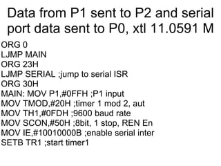 Data from P1 sent to P2 and serial
 port data sent to P0, xtl 11.0591 M
ORG 0
LJMP MAIN
ORG 23H
LJMP SERIAL ;jump to serial ISR
ORG 30H
MAIN: MOV P1,#0FFH ;P1 input
MOV TMOD,#20H ;timer 1 mod 2, aut
MOV TH1,#0FDH ;9600 baud rate
MOV SCON,#50H ;8bit, 1 stop, REN En
MOV IE,#10010000B ;enable serial inter
SETB TR1 ;start timer1
 