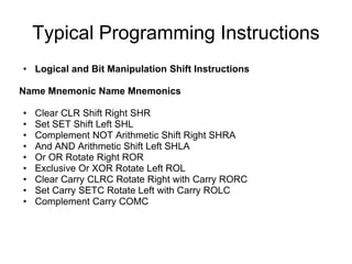Typical Programming Instructions
• Logical and Bit Manipulation Shift Instructions

Name Mnemonic Name Mnemonics

•   Clear CLR Shift Right SHR
•   Set SET Shift Left SHL
•   Complement NOT Arithmetic Shift Right SHRA
•   And AND Arithmetic Shift Left SHLA
•   Or OR Rotate Right ROR
•   Exclusive Or XOR Rotate Left ROL
•   Clear Carry CLRC Rotate Right with Carry RORC
•   Set Carry SETC Rotate Left with Carry ROLC
•   Complement Carry COMC
 
