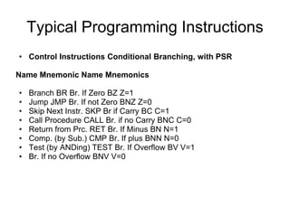 Typical Programming Instructions
• Control Instructions Conditional Branching, with PSR

Name Mnemonic Name Mnemonics

•   Branch BR Br. If Zero BZ Z=1
•   Jump JMP Br. If not Zero BNZ Z=0
•   Skip Next Instr. SKP Br if Carry BC C=1
•   Call Procedure CALL Br. if no Carry BNC C=0
•   Return from Prc. RET Br. If Minus BN N=1
•   Comp. (by Sub.) CMP Br. If plus BNN N=0
•   Test (by ANDing) TEST Br. If Overflow BV V=1
•   Br. If no Overflow BNV V=0
 
