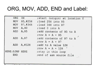 ORG, MOV, ADD, END and Label:
 