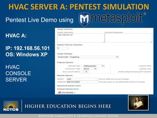 HVAC SERVER A: PENTEST SIMULATION
Pentest Live Demo using
HVAC A:
IP: 192.168.56.101
OS: Windows XP
HVAC
CONSOLE
SERVER
 