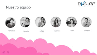 Nuestro equipo
Felipe Herrera
Product Manager
Eugenia Alvarez
ProductManager
Joaquin Alvarez
COO
Ignacio Fonseca
CTO
Sofia Maiolo
Support Manager
Francisco Ignacio Felipe Eugenia SofíaSofía Joaquín
 