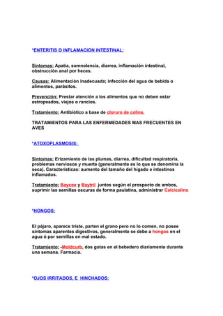 *ENTERITIS O INFLAMACION INTESTINAL:


Síntomas: Apatía, somnolencia, diarrea, inflamación intestinal,
obstrucción anal por heces.

Causas: Alimentación inadecuada; infección del agua de bebida o
alimentos, parásitos.

Prevención: Prestar atención a los alimentos que no deben estar
estropeados, viejos o rancios.

Tratamiento: Antibiótico a base de cloruro de colina.

TRATAMIENTOS PARA LAS ENFERMEDADES MAS FRECUENTES EN
AVES


*ATOXOPLASMOSIS:


Síntomas: Erizamiento de las plumas, diarrea, dificultad respiratoria,
problemas nerviosos y muerte (generalmente es lo que se denomina la
seca). Características: aumento del tamaño del hígado e intestinos
inflamados.

Tratamiento: Baycox y Baytril jjuntos según el prospecto de ambos,
suprimir las semillas oscuras de forma paulatina, administrar Calcicolina.



*HONGOS:


El pájaro, aparece triste, parten el grano pero no lo comen, no posee
síntomas aparentes digestivos, generalmente se debe a hongos en el
agua ó por semillas en mal estado.

Tratamiento: -Moldcurb, dos gotas en el bebedero diariamente durante
una semana. Farmacia.




*OJOS IRRITADOS, E HINCHADOS:
 