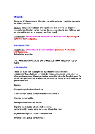 *MICOSIS:

Síntomas: Embolamiento, dificultad para alimentarse y deglutir, posterior
debilidad y muerte

Causas: Hongos que atacan principalmente a la piel y a los órganos
respiratorios. Existen varias formas de presentación, la más habitual son
las placas blancas en la lengua y cavidad bucal

Tratamiento: Anfotericina b ó kentoconazol ó micostantin ó panfungól.+
Optalmox 500=Tediprima.


ASPERGILLOSIS:

Tratamiento: anfotericina b ó kentoconazol ó panfungól + optalmox
500=Tediprima.
Solo alpiste y perilla.


TRATAMIENTOS PARA LAS ENFERMEDADES MAS FRECUENTES EN
AVES

*CANDIDIASIS:

Todas las aves son susceptibles a padecer una candidiasis,
especialmente polluelos y jóvenes. Es más comúnmente vista en aves,
alimentados con semillas germinadas o comida húmeda. Cándida spp. Es
un microorganismo que suele estar presente de forma normal en el tracto
gastrointestinal.

Causas:

-Uso prolongado de antibióticos.

-Alimentación pobre especialmente en vitamina A.

-Comida enmohecida.

-Manejo inadecuado del aviario.

-Higiene inadecuada y humedad excesiva.
La transmisión puede ser a través de diferentes vías:

-Ingestión de agua o comida contaminada.

-Inhalación de polvo contaminado.
 