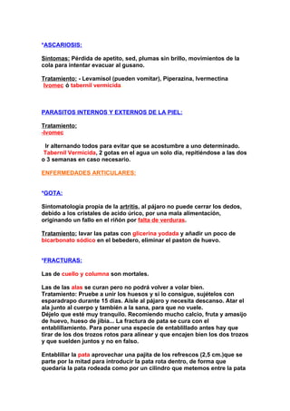*ASCARIOSIS:

Síntomas: Pérdida de apetito, sed, plumas sin brillo, movimientos de la
cola para intentar evacuar al gusano.

Tratamiento: - Levamisol (pueden vomitar), Piperazina, Ivermectina
(Ivomec)ó tabernil vermicida.



PARASITOS INTERNOS Y EXTERNOS DE LA PIEL:

Tratamiento:
-Ivomec

- Ir alternando todos para evitar que se acostumbre a uno determinado.
-Tabernil Vermicida, 2 gotas en el agua un solo día, repitiéndose a las dos
o 3 semanas en caso necesario.

ENFERMEDADES ARTICULARES:


*GOTA:

Sintomatología propia de la artritis, al pájaro no puede cerrar los dedos,
debido a los cristales de acido úrico, por una mala alimentación,
originando un fallo en el riñón por falta de verduras.

Tratamiento: lavar las patas con glicerina yodada y añadir un poco de
bicarbonato sódico en el bebedero, eliminar el paston de huevo.


*FRACTURAS:

Las de cuello y columna son mortales.

Las de las alas se curan pero no podrá volver a volar bien.
Tratamiento: Pruebe a unir los huesos y si lo consigue, sujételos con
esparadrapo durante 15 días. Aísle al pájaro y necesita descanso. Atar el
ala junto al cuerpo y también a la sana, para que no vuele.
Déjelo que esté muy tranquilo. Recomiendo mucho calcio, fruta y amasijo
de huevo, hueso de jibia... La fractura de pata se cura con el
entablillamiento. Para poner una especie de entablillado antes hay que
tirar de los dos trozos rotos para alinear y que encajen bien los dos trozos
y que suelden juntos y no en falso.

Entablillar la pata aprovechar una pajita de los refrescos (2,5 cm.)que se
parte por la mitad para introducir la pata rota dentro, de forma que
quedaría la pata rodeada como por un cilindro que metemos entre la pata
 