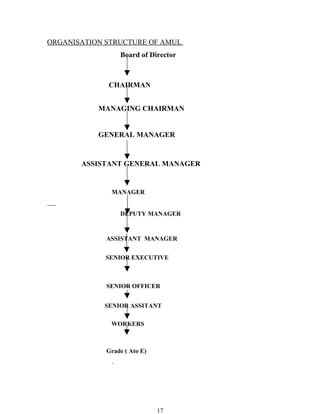 ORGANISATION STRUCTURE OF AMUL
                  Board of Director



             CHAIRMAN


           MANAGING CHAIRMAN


           GENERAL MANAGER


       ASSISTANT GENERAL MANAGER


              MANAGER


                  DEPUTY MANAGER


             ASSISTANT MANAGER


             SENIOR EXECUTIVE



             SENIOR OFFICER


            SENIOR ASSITANT

              WORKERS



             Grade ( Ato E)
              .




                              17
 