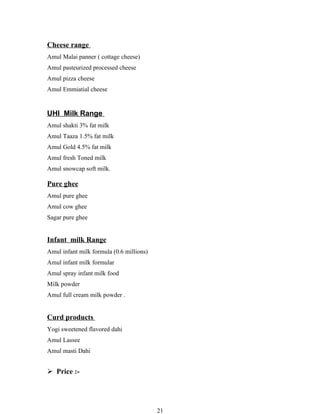 Cheese range
Amul Malai panner ( cottage cheese)
Amul pasteurized processed cheese
Amul pizza cheese
Amul Emmiatial cheese


UHI Milk Range
Amul shakti 3% fat milk
Amul Taaza 1.5% fat milk
Amul Gold 4.5% fat milk
Amul fresh Toned milk
Amul snowcap soft milk.

Pure ghee
Amul pure ghee
Amul cow ghee
Sagar pure ghee


Infant milk Range
Amul infant milk formula (0.6 millions)
Amul infant milk formular
Amul spray infant milk food
Milk powder
Amul full cream milk powder .


Curd products
Yogi sweetened flavored dahi
Amul Lassee
Amul masti Dahi


 Price :-




                                          21
 