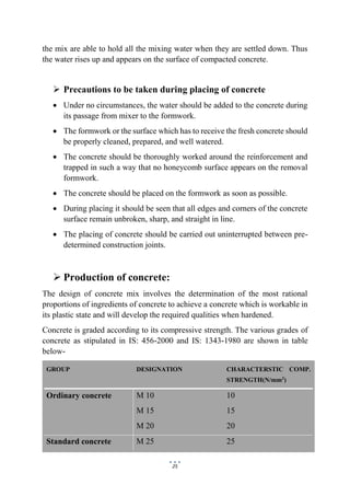 25
the mix are able to hold all the mixing water when they are settled down. Thus
the water rises up and appears on the surface of compacted concrete.
 Precautions to be taken during placing of concrete
 Under no circumstances, the water should be added to the concrete during
its passage from mixer to the formwork.
 The formwork or the surface which has to receive the fresh concrete should
be properly cleaned, prepared, and well watered.
 The concrete should be thoroughly worked around the reinforcement and
trapped in such a way that no honeycomb surface appears on the removal
formwork.
 The concrete should be placed on the formwork as soon as possible.
 During placing it should be seen that all edges and corners of the concrete
surface remain unbroken, sharp, and straight in line.
 The placing of concrete should be carried out uninterrupted between pre-
determined construction joints.
 Production of concrete:
The design of concrete mix involves the determination of the most rational
proportions of ingredients of concrete to achieve a concrete which is workable in
its plastic state and will develop the required qualities when hardened.
Concrete is graded according to its compressive strength. The various grades of
concrete as stipulated in IS: 456-2000 and IS: 1343-1980 are shown in table
below-
GROUP DESIGNATION CHARACTERSTIC COMP.
STRENGTH(N/mm2
)
Ordinary concrete M 10
M 15
M 20
10
15
20
Standard concrete M 25 25
 