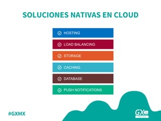 #GXMX
SOLUCIONES NATIVAS EN CLOUD
CACHING
DATABASE
STORAGE
LOAD BALANCING
PUSH NOTIFICATIONS
HOSTING
 