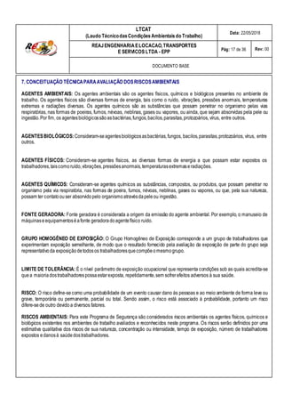 LTCAT
(Laudo TécnicodasCondiçõesAmbientais do Trabalho)
Data: 22/05/2018
REAJENGENHARIAELOCACAO,TRANSPORTES
E SERVICOS LTDA - EPP Pág: 17 de 36 Rev: 00
DOCUMENTO BASE
7. CONCEITUAÇÃO TÉCNICAPARAAVALIAÇÃO DOSRISCOSAMBIENTAIS
AGENTES AMBIENTAIS: Os agentes ambientais são os agentes físicos, químicos e biológicos presentes no ambiente de
trabalho. Os agentes físicos são diversas formas de energia, tais como o ruído, vibrações, pressões anormais, temperaturas
extremas e radiações diversas. Os agentes químicos são as substâncias que possam penetrar no organismo pelas vias
respiratórias, nas formas de poeiras, fumos, névoas, neblinas, gases ou vapores, ou ainda, que sejam absorvidas pela pele ou
ingestão.Por fim, os agentesbiológicossãoasbactérias,fungos,bacilos,parasitas,protozoários, vírus, entre outros.
AGENTESBIOLÓGICOS:Consideram-seagentesbiológicosasbactérias,fungos, bacilos,parasitas,protozoários, vírus, entre
outros.
AGENTES FÍSICOS: Consideram-se agentes físicos, as diversas formas de energia a que possam estar expostos os
trabalhadores,taiscomoruído,vibrações,pressõesanormais,temperaturasextremaseradiações.
AGENTES QUÍMICOS: Consideram-se agentes químicos as substâncias, compostos, ou produtos, que possam penetrar no
organismo pela via respiratória, nas formas de poeira, fumos, névoas, neblinas, gases ou vapores, ou que, pela sua natureza,
possam ter contatoouser absorvido pelo organismoatravésdapeleou ingestão.
FONTE GERADORA: Fonte geradora é considerada a origem da emissão do agente ambiental. Por exemplo, o manuseio de
máquinaseequipamentoséafonte geradora doagentefísico ruído.
GRUPO HOMOGÊNEO DE EXPOSIÇÃO: O Grupo Homogêneo de Exposição corresponde a um grupo de trabalhadores que
experimentam exposição semelhante, de modo que o resultado fornecido pela avaliação da exposição de parte do grupo seja
representativoda exposiçãodetodosos trabalhadoresquecompõeomesmogrupo.
LIMITE DE TOLERÂNCIA: É o nível parâmetro de exposição ocupacional que representa condições sob as quais acredita-se
quea maioriadostrabalhadorespossaestarexposta, repetidamente,sem sofrerefeitos adversos à sua saúde.
RISCO: O risco define-secomo uma probabilidade de um evento causar dano às pessoas e ao meio ambiente de forma leve ou
grave, temporária ou permanente, parcial ou total. Sendo assim, o risco está associado à probabilidade, portanto um risco
difere-sede outro devidoa diversos fatores.
RISCOS AMBIENTAIS: Para este Programa de Segurança são considerados riscos ambientais os agentes físicos, químicos e
biológicos existentes nos ambientes de trabalho avaliados e reconhecidos neste programa. Os riscos serão definidos por uma
estimativa qualitativa dos riscos de sua natureza, concentração ou intensidade, tempo de exposição, número de trabalhadores
expostos edanosà saúdedostrabalhadores.
 