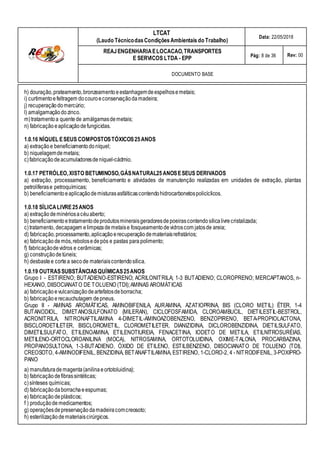 LTCAT
(Laudo TécnicodasCondiçõesAmbientais do Trabalho)
Data: 22/05/2018
REAJENGENHARIAELOCACAO,TRANSPORTES
E SERVICOS LTDA - EPP Pág: 8 de 36 Rev: 00
DOCUMENTO BASE
h) douração,prateamento,bronzeamentoeestanhagemdeespelhosemetais;
i) curtimentoefeltragem docouroeconservaçãodamadeira;
j) recuperaçãodomercúrio;
l) amalgamaçãodozinco.
m)tratamentoa quentede amálgamasdemetais;
n) fabricação eaplicaçãodefungicidas.
1.0.16 NÍQUEL ESEUS COMPOSTOSTÓXICOS25ANOS
a) extraçãoe beneficiamentodoníquel;
b) niquelagemdemetais;
c)fabricaçãodeacumuladoresdeníquel-cádmio.
1.0.17 PETRÓLEO,XISTO BETUMINOSO,GÁSNATURAL25ANOSESEUS DERIVADOS
a) extração, processamento, beneficiamento e atividades de manutenção realizadas em unidades de extração, plantas
petrolíferase petroquímicas;
b) beneficiamentoeaplicaçãodemisturasasfálticascontendohidrocarbonetospolicíclicos.
1.0.18 SÍLICALIVRE25ANOS
a) extraçãodeminériosacéuaberto;
b) beneficiamentoetratamentodeprodutosmineraisgeradoresdepoeirascontendo sílicalivrecristalizada;
c)tratamento, decapagem elimpeza demetaise fosqueamentode vidroscom jatosde areia;
d) fabricação,processamento,aplicaçãoerecuperaçãodemateriaisrefratários;
e) fabricação demós,rebolosedepós e pastas para polimento;
f) fabricaçãodevidros e cerâmicas;
g) construçãodetúneis;
h) desbastee cortea secode materiaiscontendosílica.
1.0.19 OUTRASSUBSTÂNCIASQUÍMICAS25ANOS
Grupo I - ESTIRENO; BUTADIENO-ESTIRENO; ACRILONITRILA; 1-3 BUTADIENO; CLOROPRENO; MERCAPTANOS, n-
HEXANO, DIISOCIANATO DE TOLUENO (TDI);AMINAS AROMÁTICAS
a) fabricação evulcanizaçãodeartefatosdeborracha;
b) fabricação erecauchutagem depneus.
Grupo II - AMINAS AROMÁTICAS, AMINOBIFENILA, AURAMINA, AZATIOPRINA, BIS (CLORO METIL) ÉTER, 1-4
BUTANODIOL, DIMETANOSULFONATO (MILERAN), CICLOFOSFAMIDA, CLOROAMBUCIL, DIETILESTIL-BESTROL,
ACRONITRILA, NITRONAFTILAMINA 4-DIMETIL-AMINOAZOBENZENO, BENZOPIRENO, BETA-PROPIOLACTONA,
BISCLOROETILETER, BISCLOROMETIL, CLOROMETILETER, DIANIZIDINA, DICLOROBENZIDINA, DIETILSULFATO,
DIMETILSULFATO, ETILENOAMINA, ETILENOTIUREIA, FENACETINA, IODETO DE METILA, ETILNITROSURÉIAS,
METILENO-ORTOCLOROANILINA (MOCA), NITROSAMINA, ORTOTOLUIDINA, OXIME-TALONA, PROCARBAZINA,
PROPANOSULTONA, 1-3-BUTADIENO, ÓXIDO DE ETILENO, ESTILBENZENO, DIISOCIANATO DE TOLUENO (TDI),
CREOSOTO, 4-AMINODIFENIL, BENZIDINA, BETANAFTILAMINA, ESTIRENO, 1-CLORO-2, 4 - NITRODIFENIL, 3-POXIPRO-
PANO
a) manufaturade magenta(anilinaeortotoluidina);
b) fabricação defibrassintéticas;
c)sínteses químicas;
d) fabricação daborrachaeespumas;
e) fabricação deplásticos;
f ) produçãode medicamentos;
g) operaçõesdepreservaçãodamadeiracomcreosoto;
h) esterilizaçãodemateriaiscirúrgicos.
 