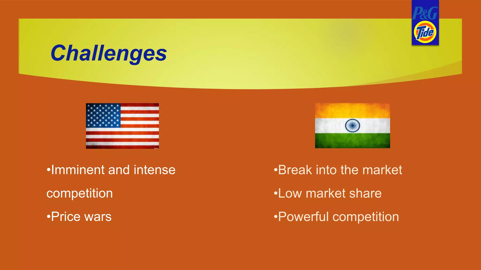 •Imminent and intense
competition
•Price wars
•Break into the market
•Low market share
•Powerful competition
Challenges
 
