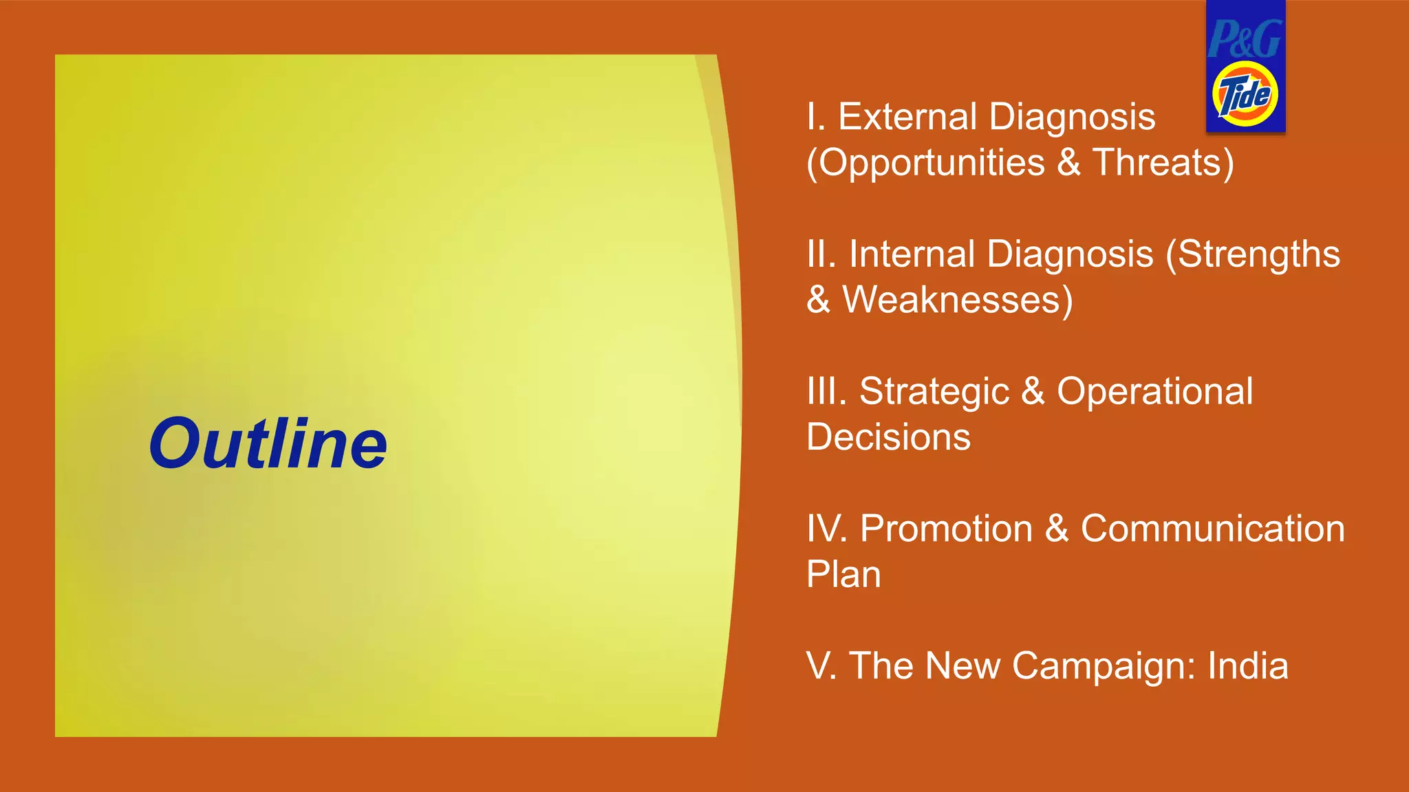Outline
I. External Diagnosis
(Opportunities & Threats)
II. Internal Diagnosis (Strengths
& Weaknesses)
III. Strategic & Operational
Decisions
IV. Promotion & Communication
Plan
V. The New Campaign: India
 