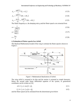 International Conference on Engineering and Technology of Machinery, VETOMAC IV
( )41
3
3
12 iLL
c
Ilb
A +=
πρ
(3.23)
( 41
3
3
21 iMM
c
Ilb
A +=
πρ
) (3.24)
( 412
5
4
5
22
12
iMM
c
IlbmclI
A ++=
πρ
) (3.25)
The flutter frequencyω , the damping ratio g and the flutter speed u are extracted from
( )zRe
1
=ω (3.26)
( )
( )z
z
g
Re
Im
= (3.27)
k
b
u
ω
= (3.28)
4. Estimation of Flutter speed of an Airfoil
The Idealized Mathematical model of the wing to estimate the flutter speed is shown in
Figure.1.
Figure 1: Mathematical Idealization of Airfoil.
The wing airfoil is assumed to be thin and the motion is assumed as simple harmonic.
Hence the second order linear differential equation of the system, in generalized
coordinates can be written as [14]
(4.1)hh QhmShm =++ 2
....
ωαα
(4.2)ααααα αωα QIIhS =++ 2
....
and the flutter speed can be estimated from the determinant given below
4
 