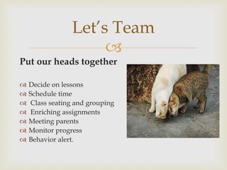 
Put our heads together
 Decide on lessons
 Schedule time
 Class seating and grouping
 Enriching assignments
 Meeting parents
 Monitor progress
 Behavior alert.
Let’s Team
 