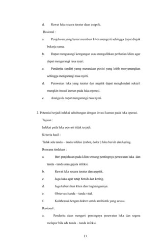 d. Rawat luka secara teratur daan aseptik.
Rasional :
a. Penjelasan yang benar membuat klien mengerti sehingga dapat diajak
bekerja sama.
b. Dapat mengurangi ketegangan atau mengalihkan perhatian klien agar
dapat mengurangi rasa nyeri.
c. Penderita sendiri yamg merasakan posisi yang lebih menyenangkan
sehingga mengurangi rasa nyeri.
d. Perawatan luka yang teratur dan aseptik dapat menghindari sekecil
mungkin invasi kuman pada luka operasi.
e. Analgesik dapat mengurangi rasa nyeri.
2. Potensial terjadi infeksi sehubungan dengan invasi kuman pada luka operasi.
Tujuan :
Infeksi pada luka operasi tidak terjadi.
Kriteria hasil :
Tidak ada tanda – tanda infeksi (rubor, dolor ) luka bersih dan kering.
Rencana tindakan :
a. Beri penjelasan pada klien tentang pentingnya perawatan luka dan
tanda - tanda atau gejala infeksi.
b. Rawat luka secara teratur dan aseptik.
c. Jaga luka agar tetap bersih dan kering.
d. Jaga kebersihan klien dan lingkungannya.
e. Observasi tanda – tanda vital.
f. Kolaborasi dengan dokter untuk antibiotik yang sesuai.
Rasional :
a. Penderita akan mengerti pentingnya perawatan luka dan segera
melapor bila ada tanda – tanda infeksi.
13
 