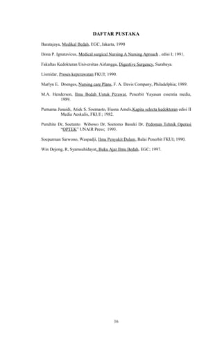 DAFTAR PUSTAKA
Baratajaya, Medikal Bedah, EGC, Jakarta, 1990
Dona P. Ignatavicus, Medical surgical Nursing A Nursing Aproach , edisi I; 1991.
Fakultas Kedokteran Universitas Airlangga, Digestive Surgency, Surabaya.
Lismidar, Proses keperawatan FKUI; 1990.
Marlyn E. Doenges, Nursing care Plans, F. A. Davis Company, Philadelphia; 1989.
M.A. Henderson, Ilmu Bedah Untuk Perawat, Penerbit Yayasan essentia media,
1989.
Purnama Junaidi, Atiek S. Soemasto, Husna Amels,Kapita selecta kedokteran edisi II
Media Aeskulis, FKUI ; 1982.
Puruhito Dr, Soetanto Wibowo Dr, Soetomo Basuki Dr, Pedoman Tehnik Operasi
“OPTEK” UNAIR Press; 1993.
Soeparman Sarwono, Waspadji, Ilmu Penyakit Dalam, Balai Penerbit FKUI; 1990.
Win Dejong, R, Syamsuhidayat, Buku Ajar Ilmu Bedah, EGC; 1997.
16
 