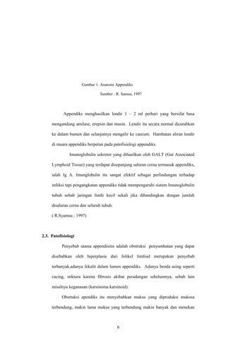 Gambar 1. Anatomi Appendiks
Sumber : R. Samsu, 1997
Appendiks menghasilkan lendir 1 – 2 ml perhari yang bersifat basa
mengandung amilase, erepsin dan musin. Lendir itu secara normal dicurahkan
ke dalam bumen dan selanjutnya mengalir ke caecum. Hambatan aliran lendir
di muara appendiks berperan pada patofisiologi appendiks.
Imunoglobulin sekretor yang dihasilkan oleh GALT (Gut Associated
Lymphoid Tissue) yang terdapat disepanjang saluran cerna termasuk appendiks,
ialah Ig A. Imunglobulin itu sangat efektif sebagai perlindungan terhadap
infeksi tapi pengangkatan appendiks tidak mempengaruhi sistem Imunoglobulin
tubuh sebab jaringan limfe kecil sekali jika dibandingkan dengan jumlah
disaluran cerna dan seluruh tubuh.
( R.Syamsu ; 1997)
2.3. Patofisiologi
Penyebab utama appendisitis adalah obstruksi penyumbatan yang dapat
disebabkan oleh hiperplasia dari folikel limfoid merupakan penyebab
terbanyak,adanya fekalit dalam lumen appendiks. Adanya benda asing seperti
cacing, stiktura karena fibrosis akibat peradangan sebelumnya, sebab lain
misalnya keganasan (karsinoma karsinoid).
Obsrtuksi apendiks itu menyebabkan mukus yang diproduksi mukosa
terbendung, makin lama mukus yang terbendung makin banyak dan menekan
6
 