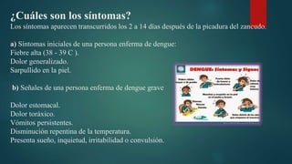 ¿Cuáles son los síntomas?
Los síntomas aparecen transcurridos los 2 a 14 días después de la picadura del zancudo.
a) Síntomas iniciales de una persona enferma de dengue:
Fiebre alta (38 - 39 C ).
Dolor generalizado.
Sarpullido en la piel.
b) Señales de una persona enferma de dengue grave
Dolor estomacal.
Dolor toráxico.
Vómitos persistentes.
Disminución repentina de la temperatura.
Presenta sueño, inquietud, irritabilidad o convulsión.
 